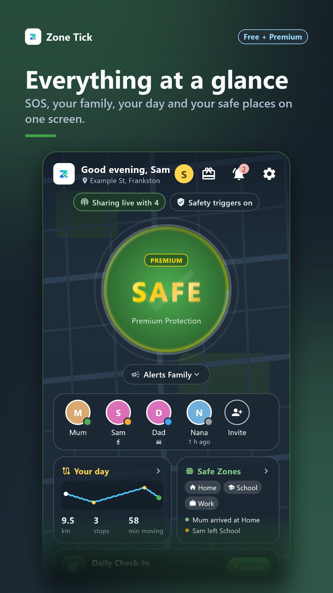 Home screen: SOS button, family and your day