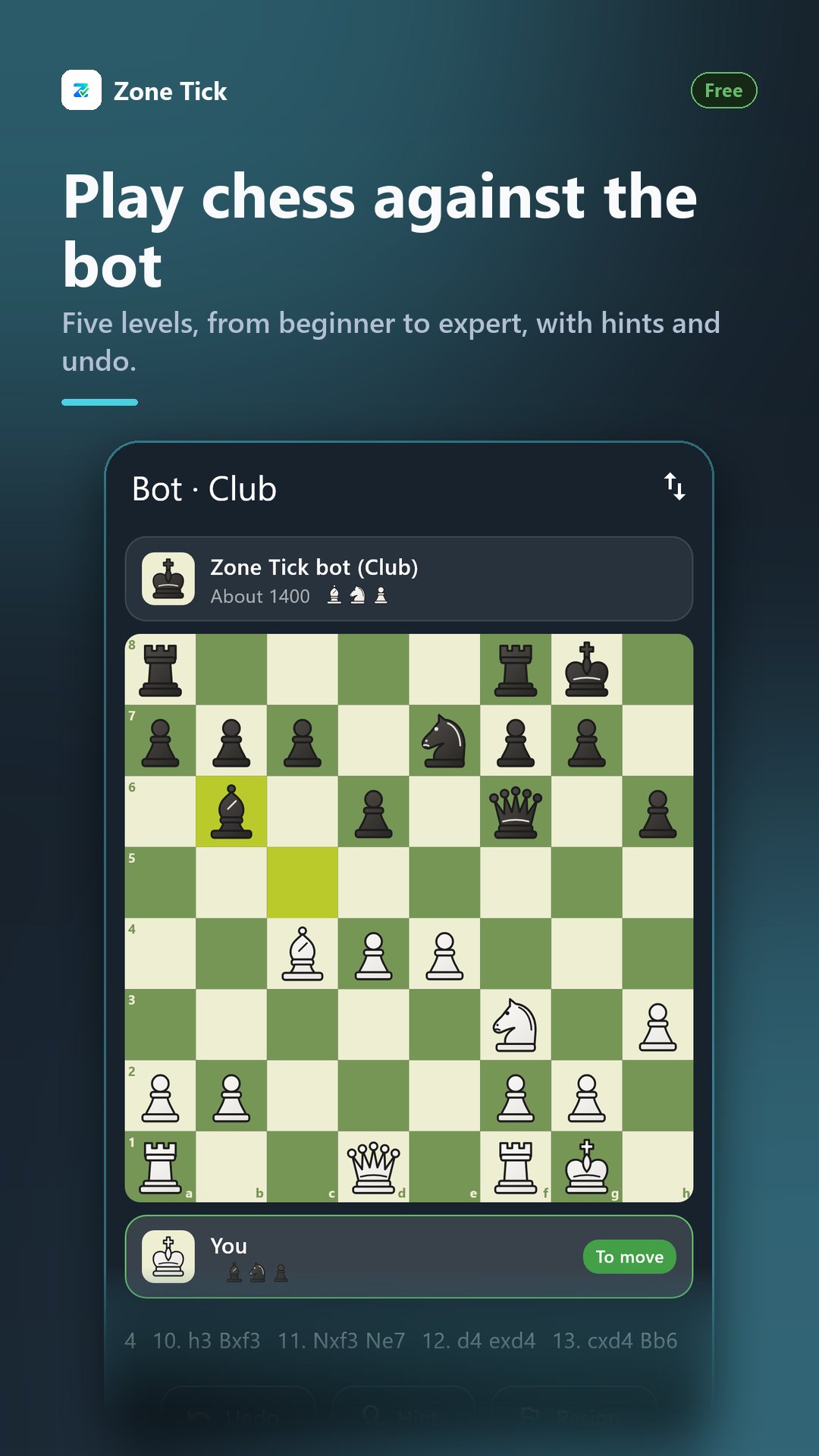 A chess game against the Zone Tick bot
